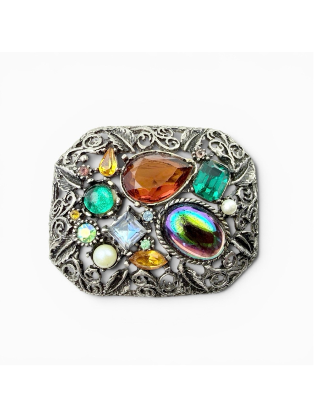 Vintage Rhinestone Brooch Colorful Statement Pin Aurora Borealis Cabochon Silver
